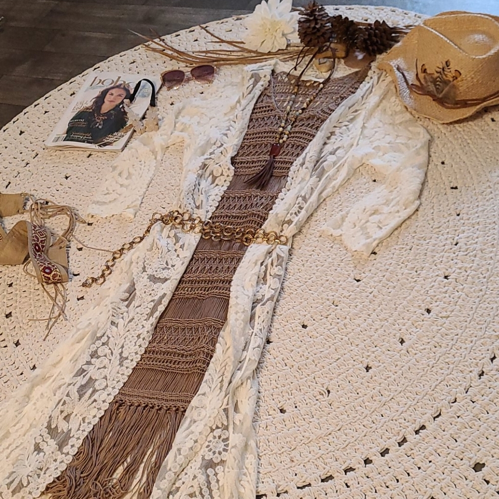 NWT BO HO CROCHET BEIGE UNIQUE LONG DRESS COVERUP - Picture 10 of 16